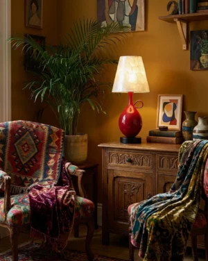 Coravie table lamp displayed in vintage bohemian living room setting on carved wooden sideboard with tropical potted plant and patterned armchairs