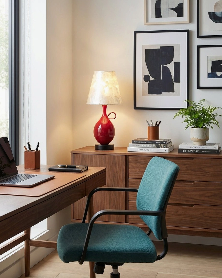 Coravie ceramic lamp placed on wooden dresser in home office workspace with teal office chair and minimalist wall art