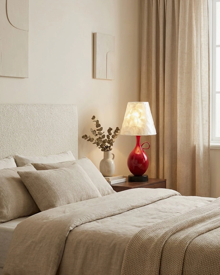 Coravie glazed red ceramic table lamp with capiz seashell shade on small wood nightstand in minimalist master bedroom with neutral linens
