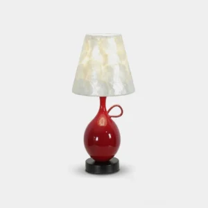 Coravie red ceramic table lamp with capiz seashell shade - frontal studio view showcasing glossy red glazed gourd base with loop handle and pearlescent mother-of-pearl shell tiles