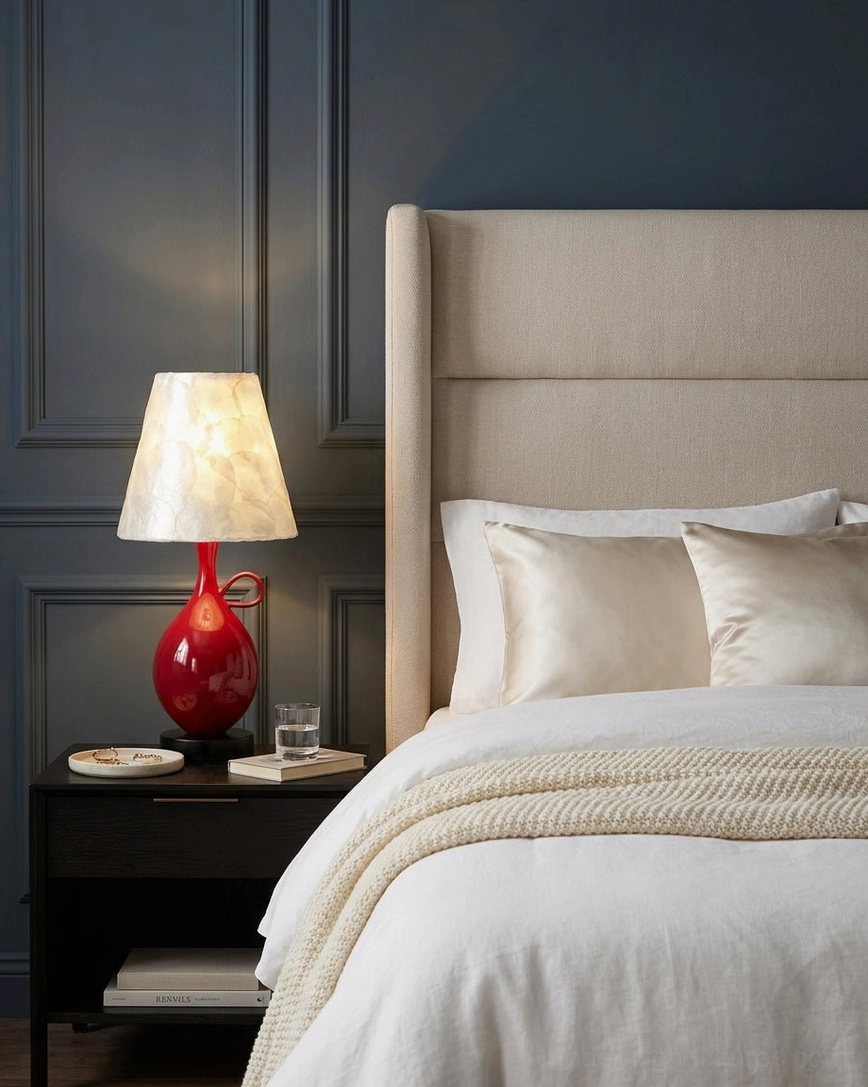 Coravie red table lamp on dark wood nightstand in modern master bedroom with tufted headboard and linen bedding