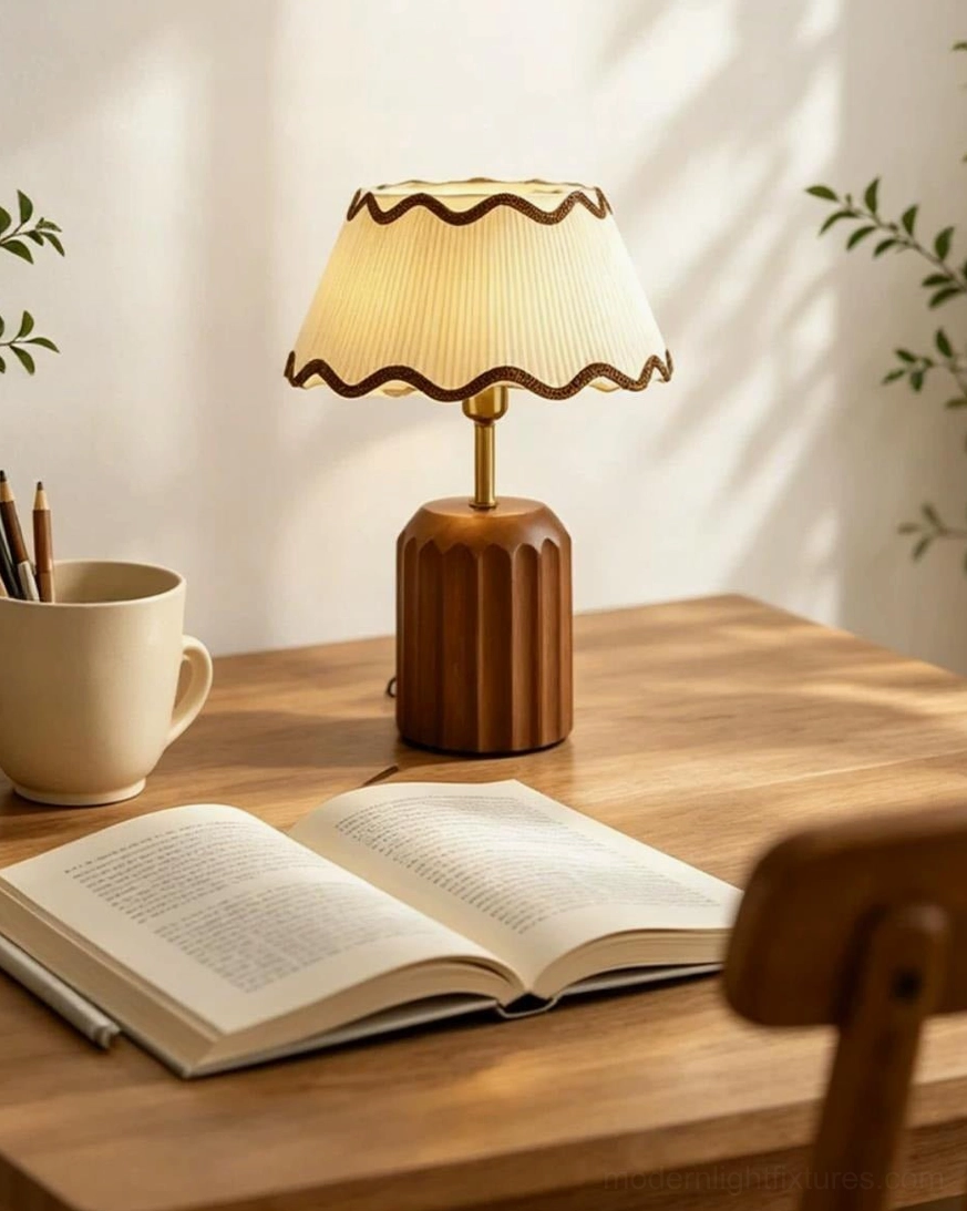 Cordelia E27 table lamp in home study, pleated cream shade with fluted wooden base beside open book and warm beverage