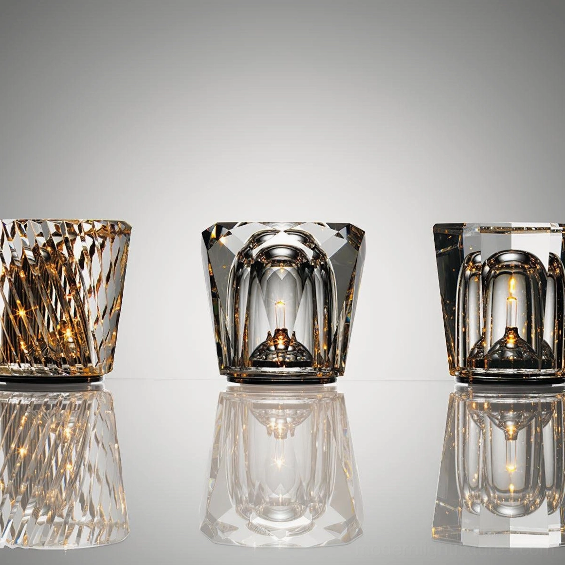 Cordless crystal diamond table lamp front view, hand-cut faceted clear crystal, luxury minimalist design, portable accent light