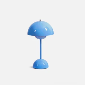Cordless rechargeable LED touch table lamp with double-sphere lacquered steel design, front view on white background