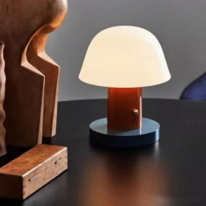 Illuminated touch charge mushroom lamp with warm 3000K LED glow on dark wooden side table with terracotta stem detail