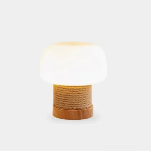 Modern cordless mushroom table lamp with wooden base and hemp rope wrapping, frosted glass shade on white background
