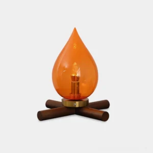 Cordless rechargeable amber glass table lamp with wooden base, front studio view on white background
