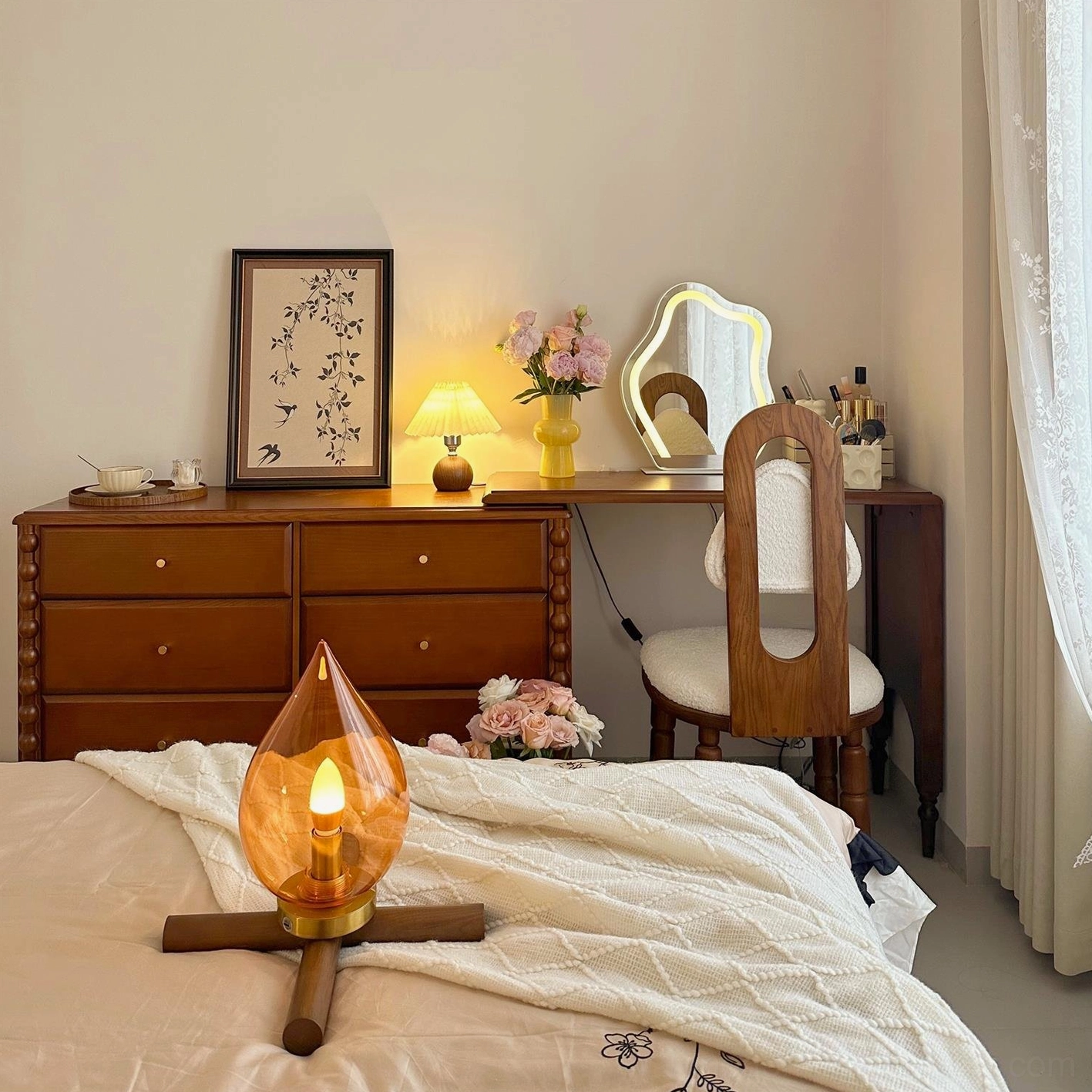 Cordless table lamp boho eclectic style, warm orange glass and organic wood forms