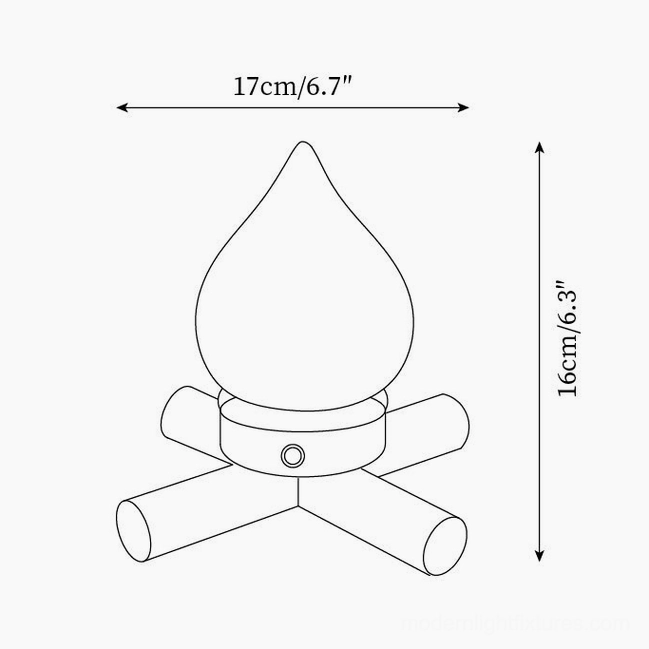 Technical orthographic drawing of small cordless table lamp, 17cm diameter x 16cm height specifications