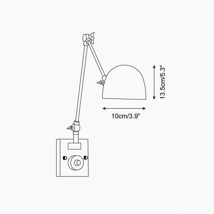 Cordova adjustable wall sconce technical dimension drawing showing 10cm width and 13.5cm height
