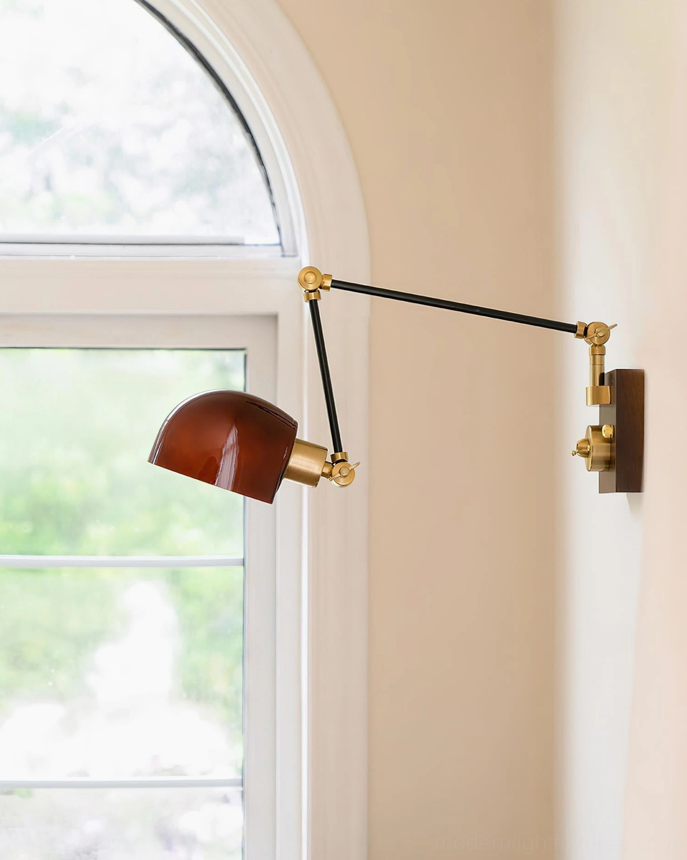 Cordova wall lamp walnut-stained base with exposed gold hardware and precision knob