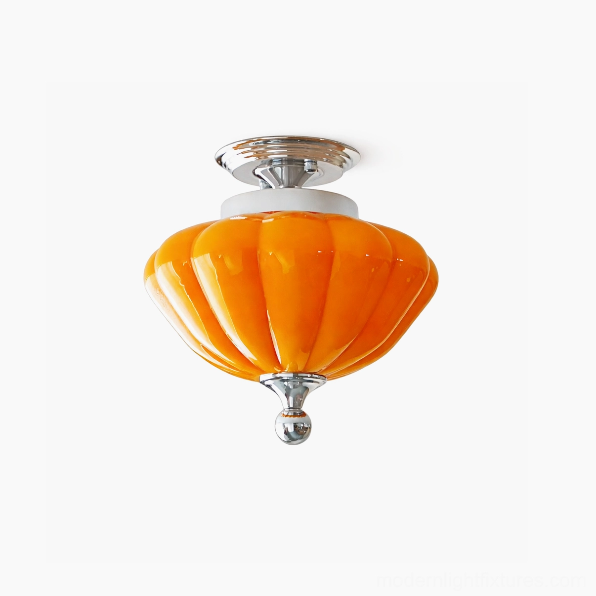 Corenza semi-flush ceiling light chrome and amber orange glass complete fixture product showcase