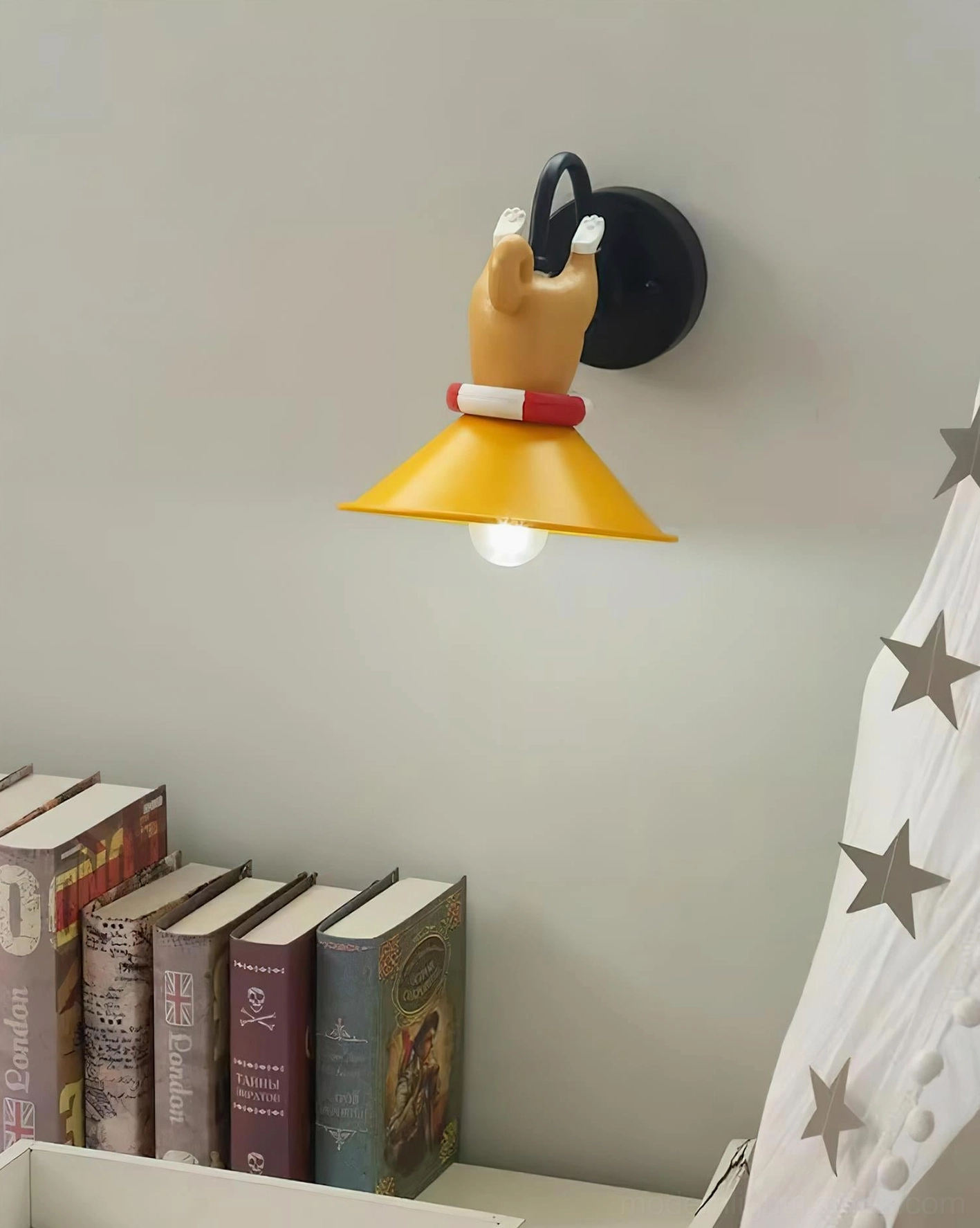 Playful corgi wall sconce mounted in bedroom study corner with books and star curtain decor, lit lamp showing ambient lighting