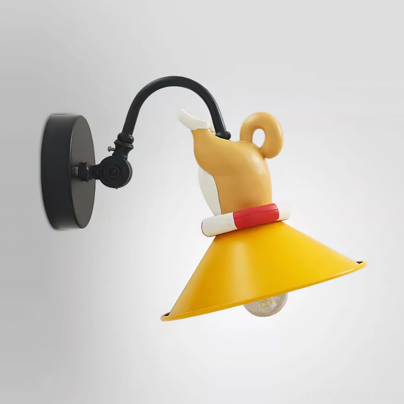 Playful corgi butt wall lamp sconce detail showing sculptural silhouette, matte black hardware, and vibrant design elements