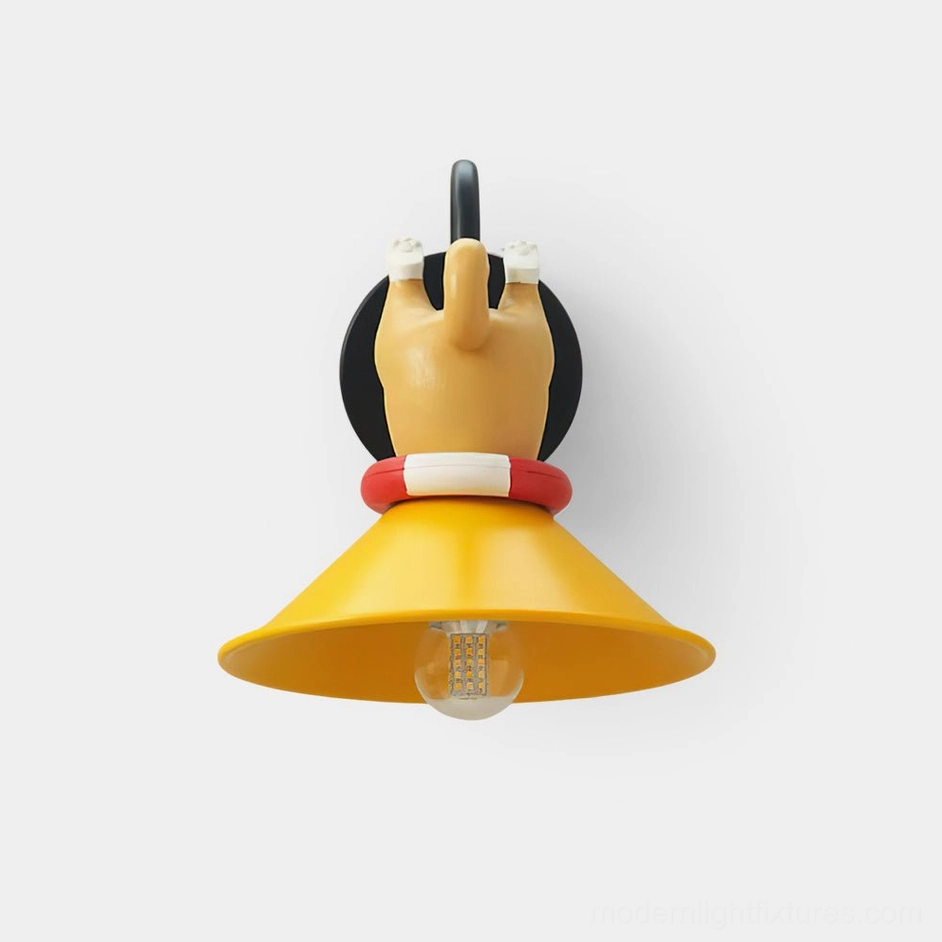 Playful Corgi Butt Wall Sconce with yellow metal shade, top-down view showing cartoon dog design and matte black wall mount hardware