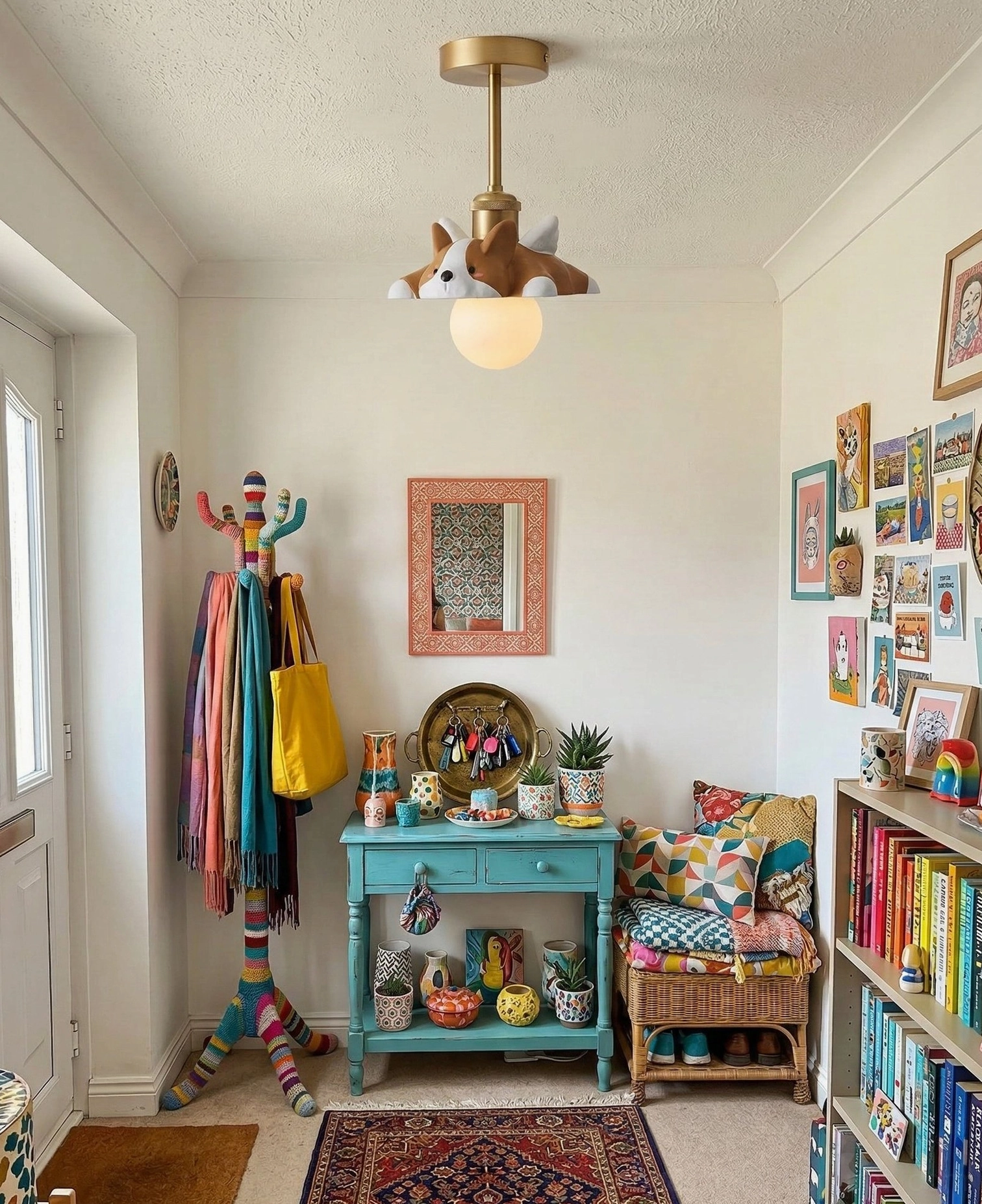 Corgi winged ceiling lamp installed in vintage bohemian home entryway with warm eclectic décor and brown-white resin puppy