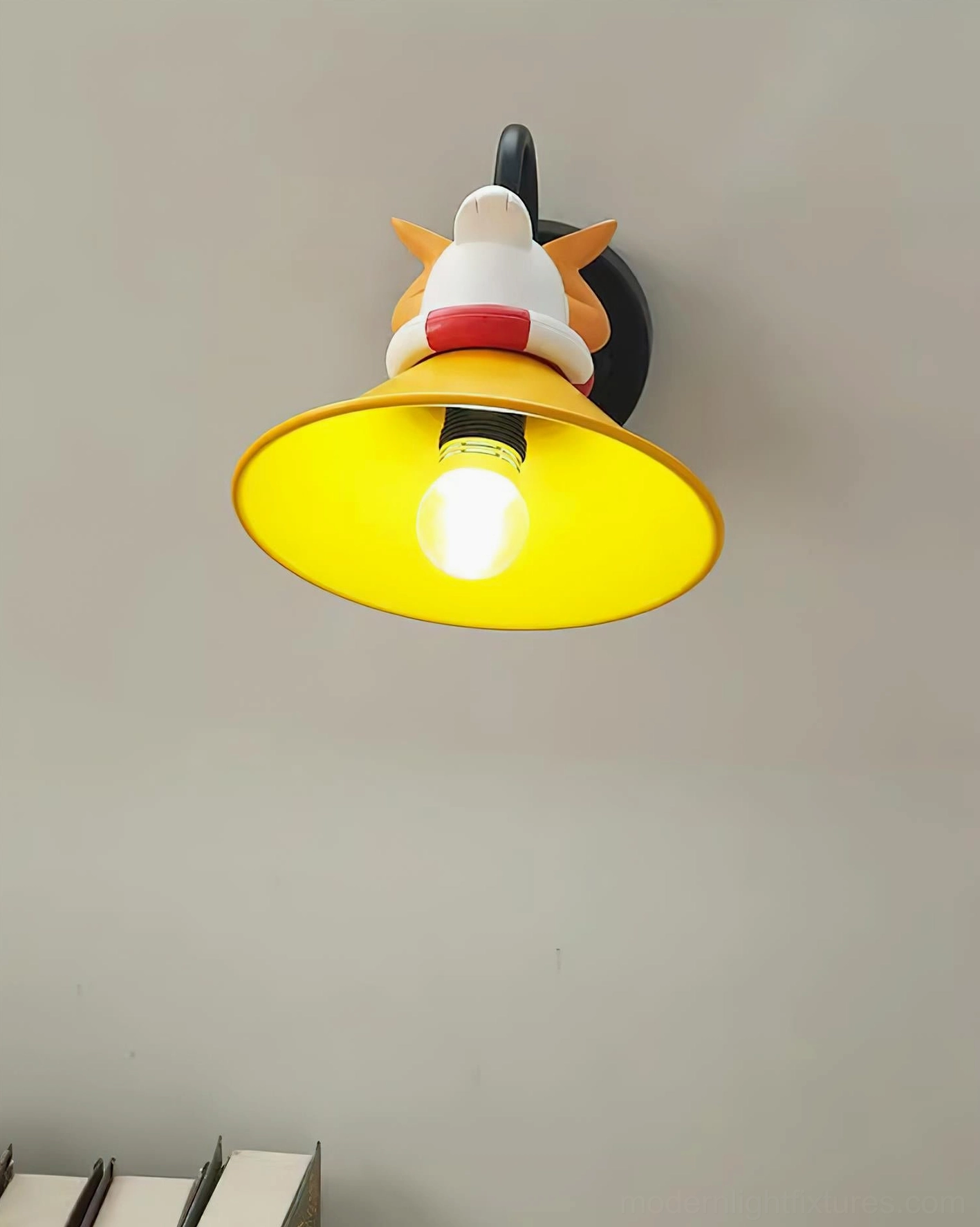 Playful corgi-themed wall sconce front view with fully illuminated interior showing cartoon dog design details