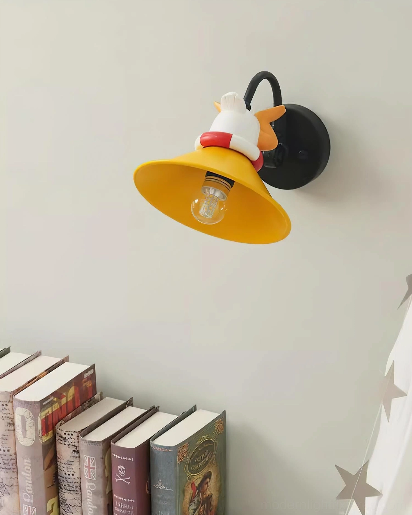Modern playful corgi head wall sconce left side bedroom corner view, lit lamp with visible dog design and decor