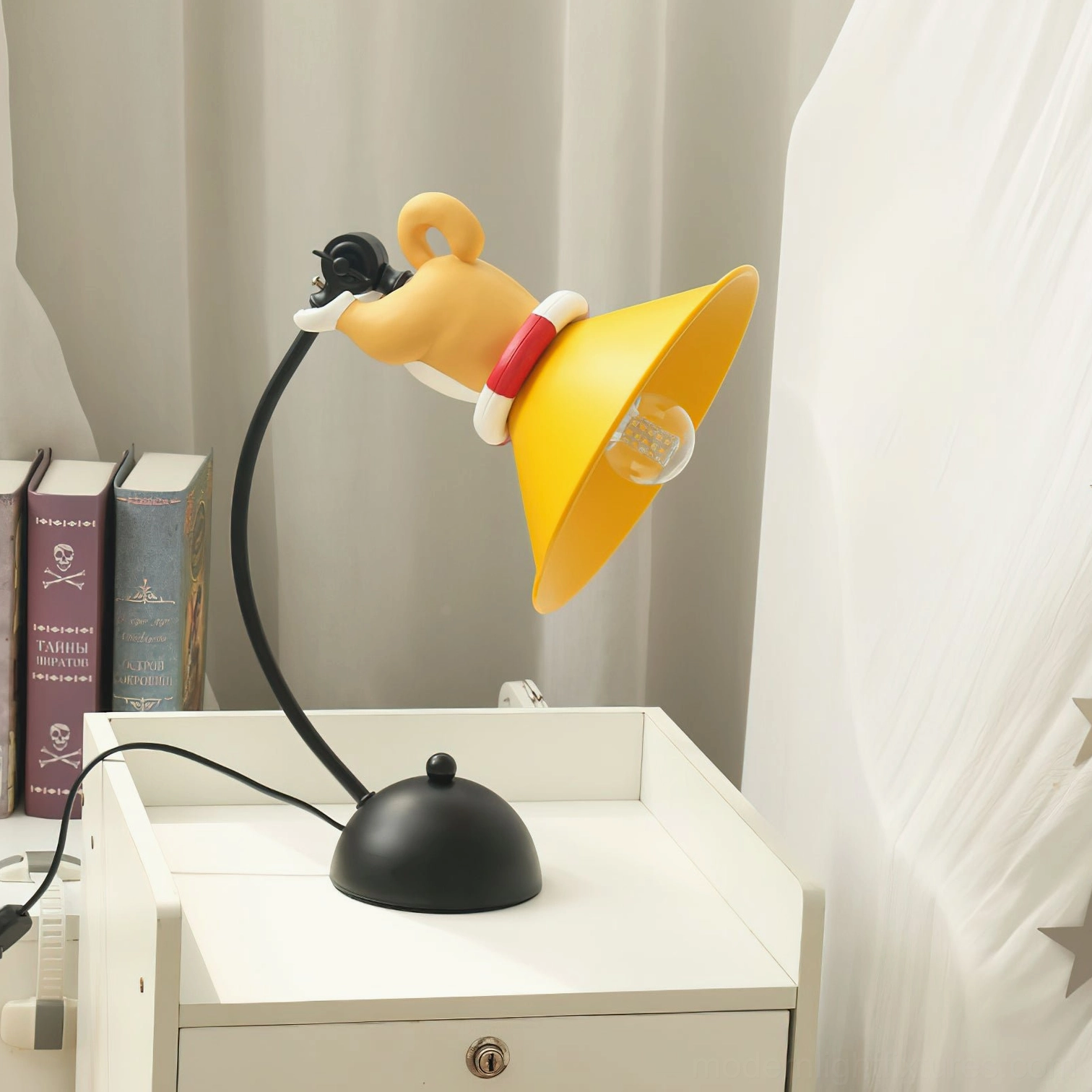 Side view of glowing corgi cartoon table lamp with red collar accent and exposed vintage bulb, showing flexible gooseneck design and power cord