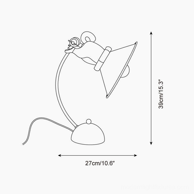 Corgi table lamp technical dimensions diagram showing 39cm height and 27cm width measurements with front view schematic for modern desk lamp