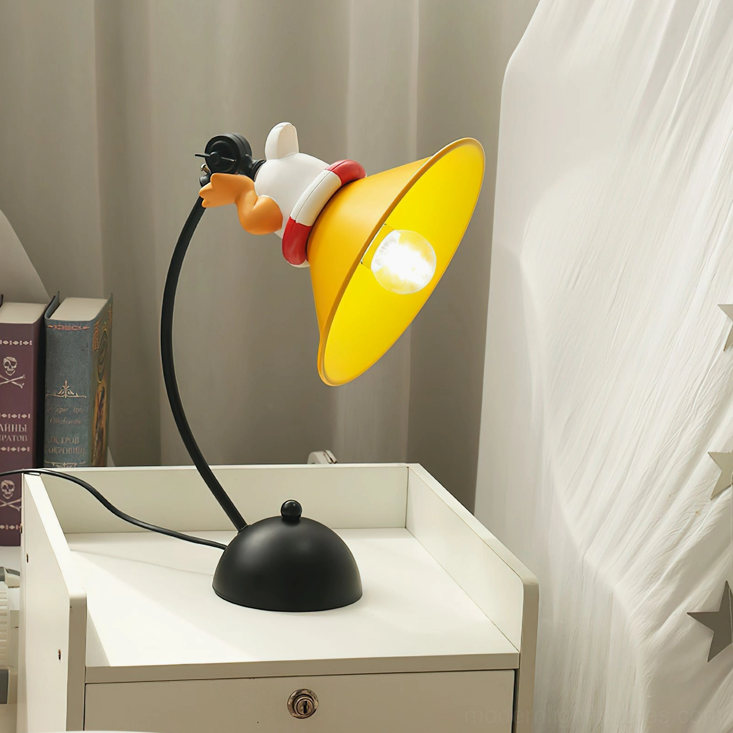 Illuminated corgi table lamp casting warm yellow glow on nightstand with books and window curtains, showcasing ambient bedroom lighting effect