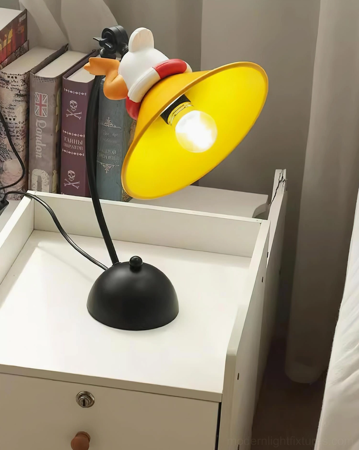 Modern playful corgi table lamp with yellow shade and black sculptured body, multi-angle product photography for e-commerce display