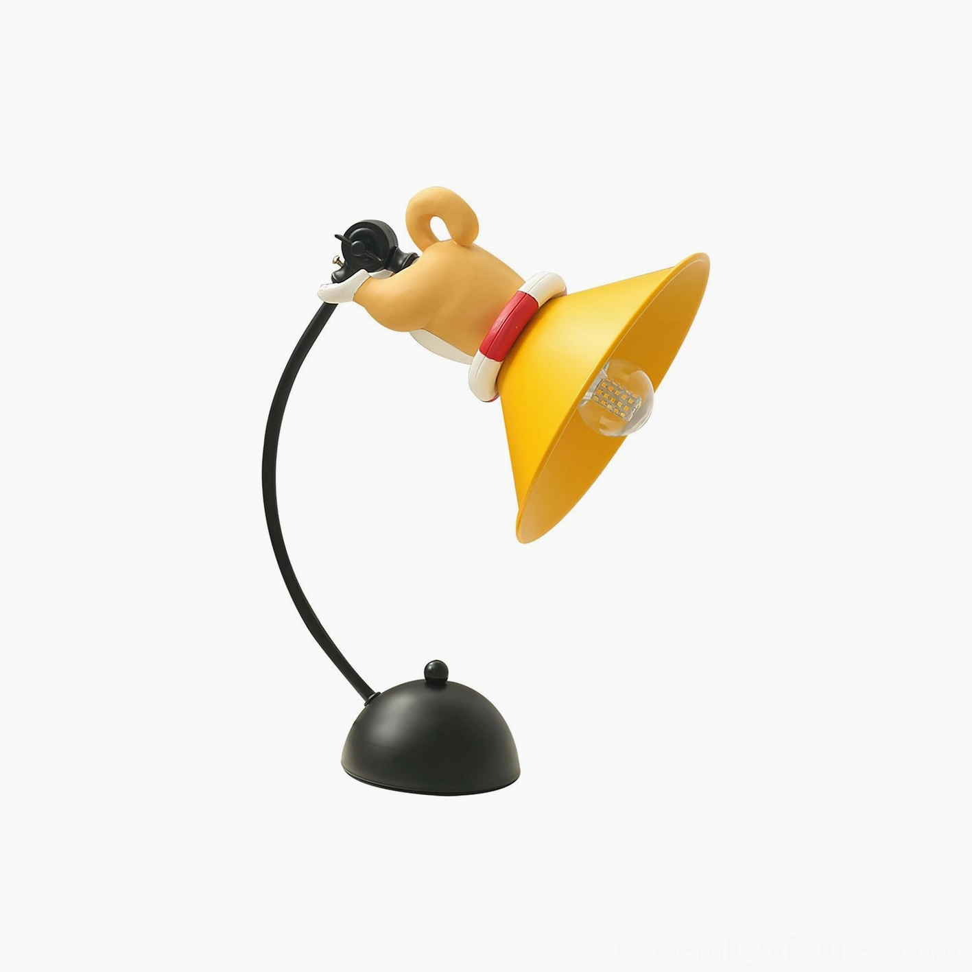 Rear view of corgi table lamp with exposed vintage-style bulb against plain light gray background, showcasing construction and design details