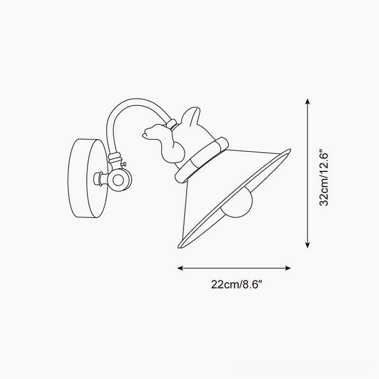 Technical rear side view sketch of playful corgi wall sconce showing lamp arm angle and shade mounting structure