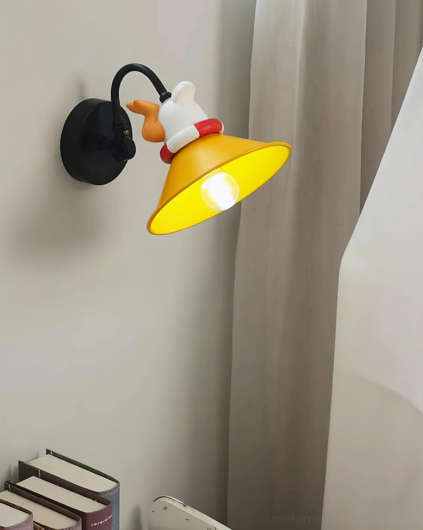 Cute corgi wall lamp positioned on bedroom nightstand area with books and curtain, creating playful ambient lighting