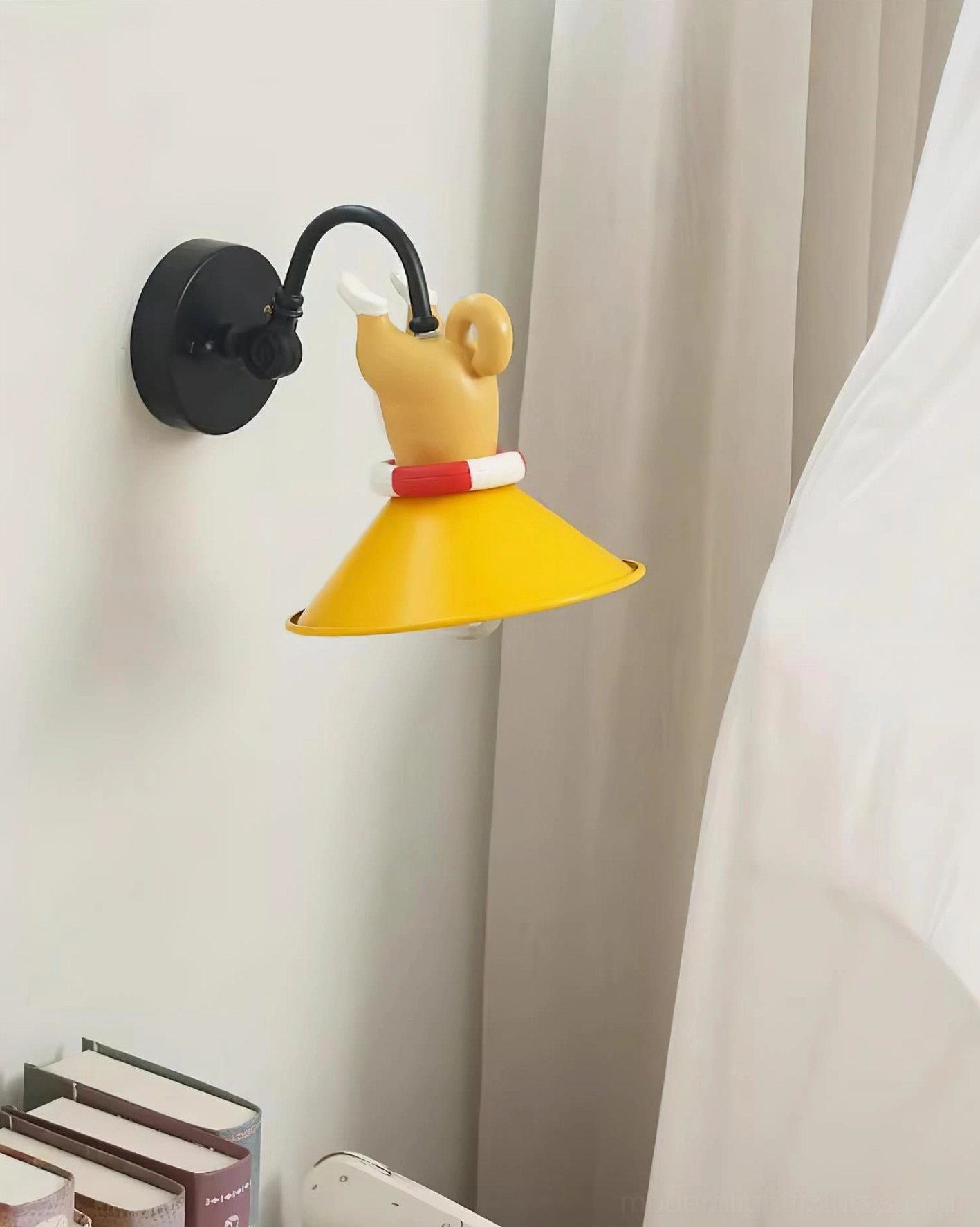 Side profile of cartoon dog wall lamp by bedside with sheer curtains and bed frame, demonstrating bedroom placement
