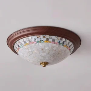 Corvielle iridescent shell mosaic ceiling light close-up detail showing colored tile decorative border and craftsmanship