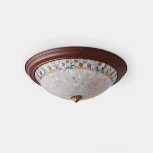 Corvielle mother-of-pearl mosaic ceiling light fixture with walnut wood frame, front view against studio background