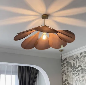Cosmo Petals fabric pendant lamp bottom-up view showing flower-shaped shadow cast on ceiling