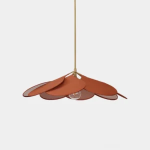 Cosmo Petals pendant light with terracotta fabric petals and polished brass suspension, front studio view