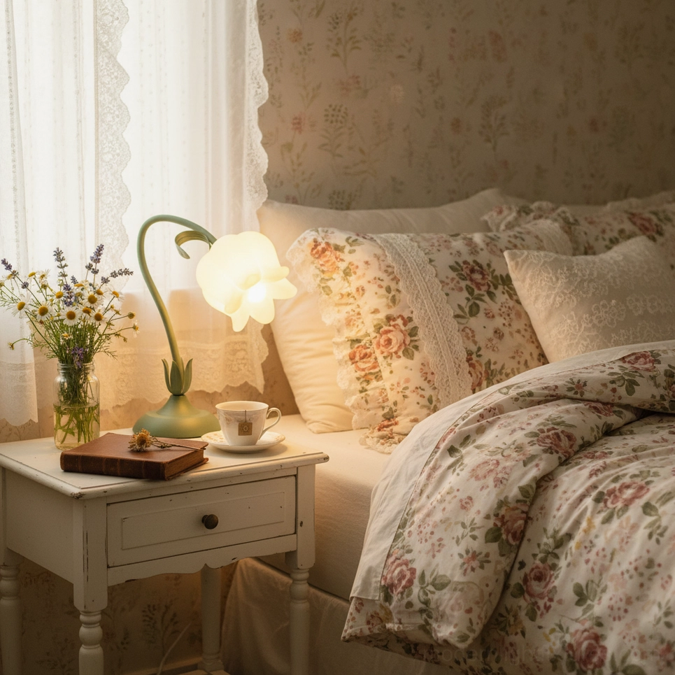 Cozy cottage bedroom nightstand with lit twist tulip flower lamp beside floral bedding