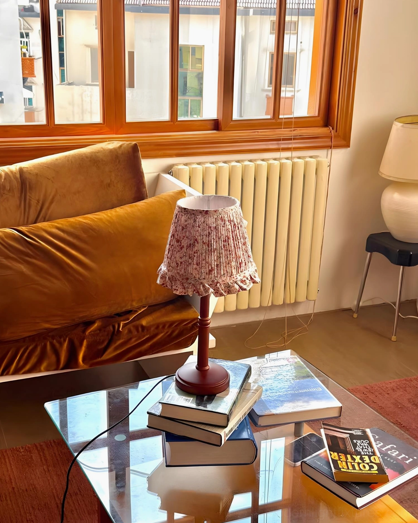 Cottage floral pleated shade table lamp with turned wood base, product detail view walnut finish