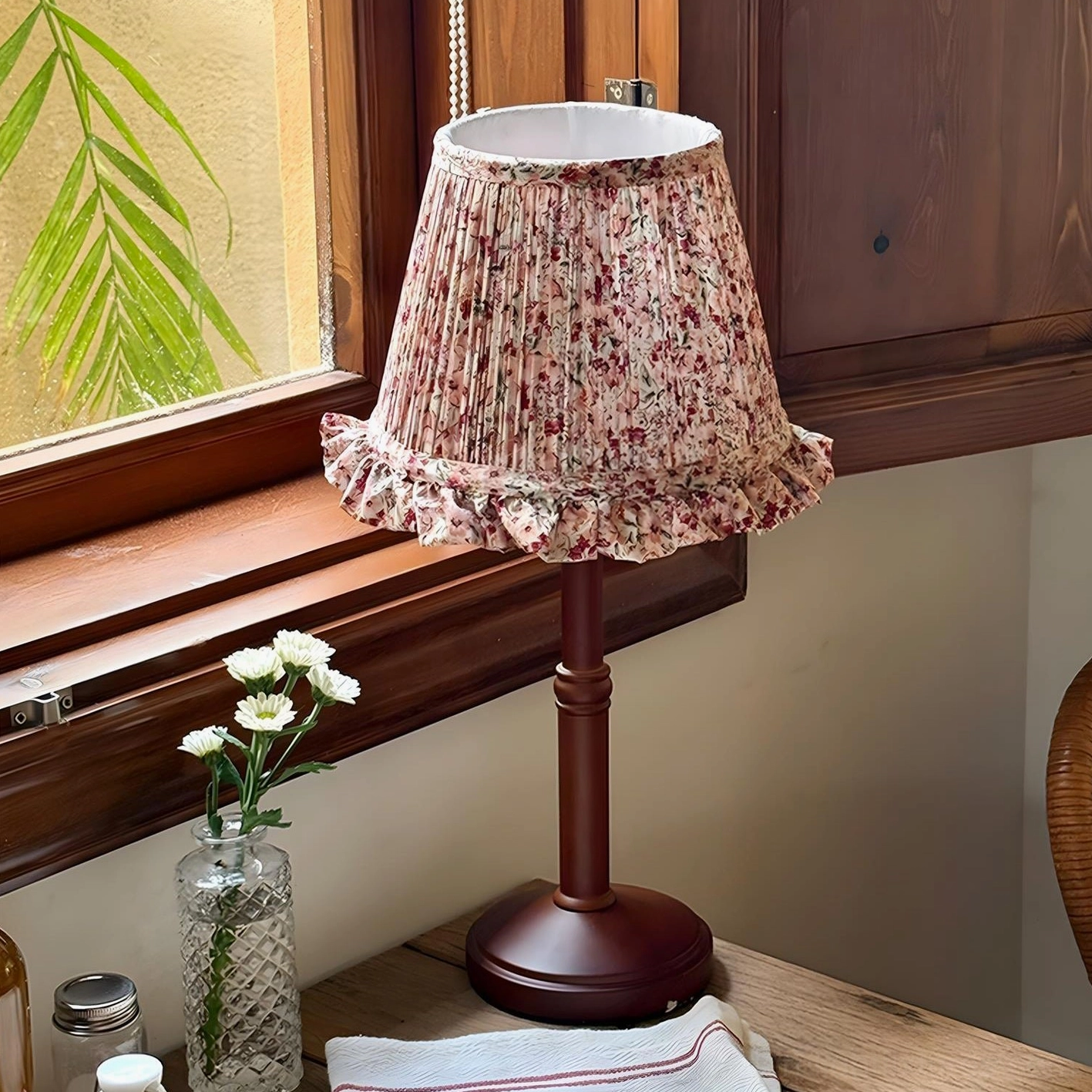 Cottage floral pleated table lamp walnut color and red accent variant with regional plug types