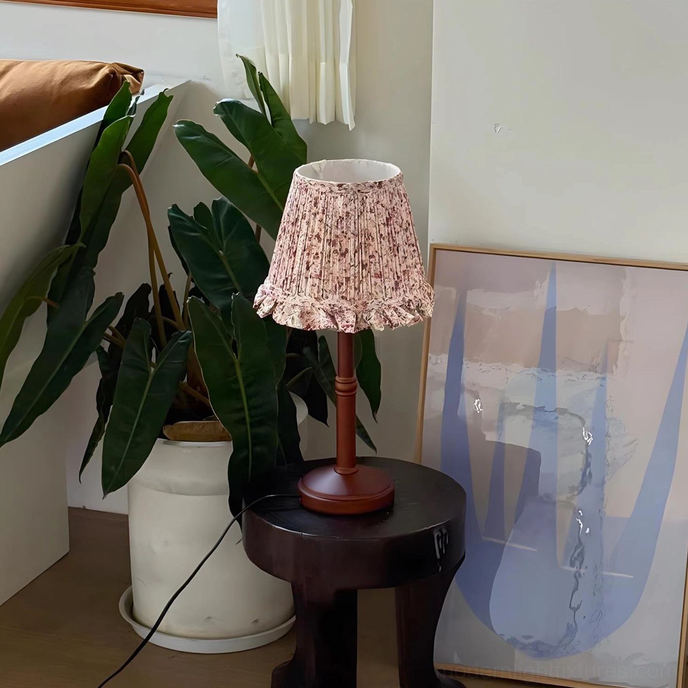 Cottage floral pleated table lamp walnut color variant with plug adapter options displayed
