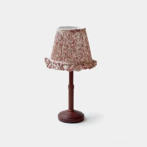 Cottage floral pleated fabric table lamp with walnut wood base, front studio view on white background