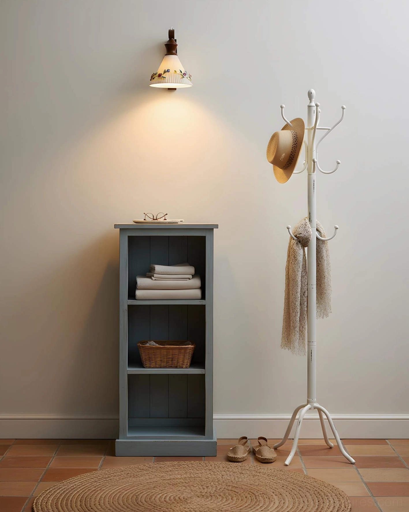 Hand-sculpted ceramic floral wall sconce in cottage hallway with metal coat rack and vintage shelving