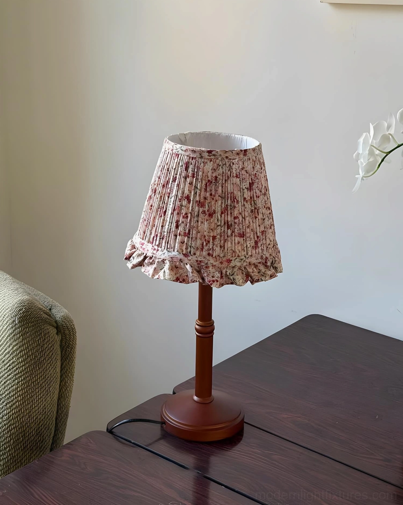 Cottage table lamp fabric shade with ruffled edge floral pattern, shade detail close-up