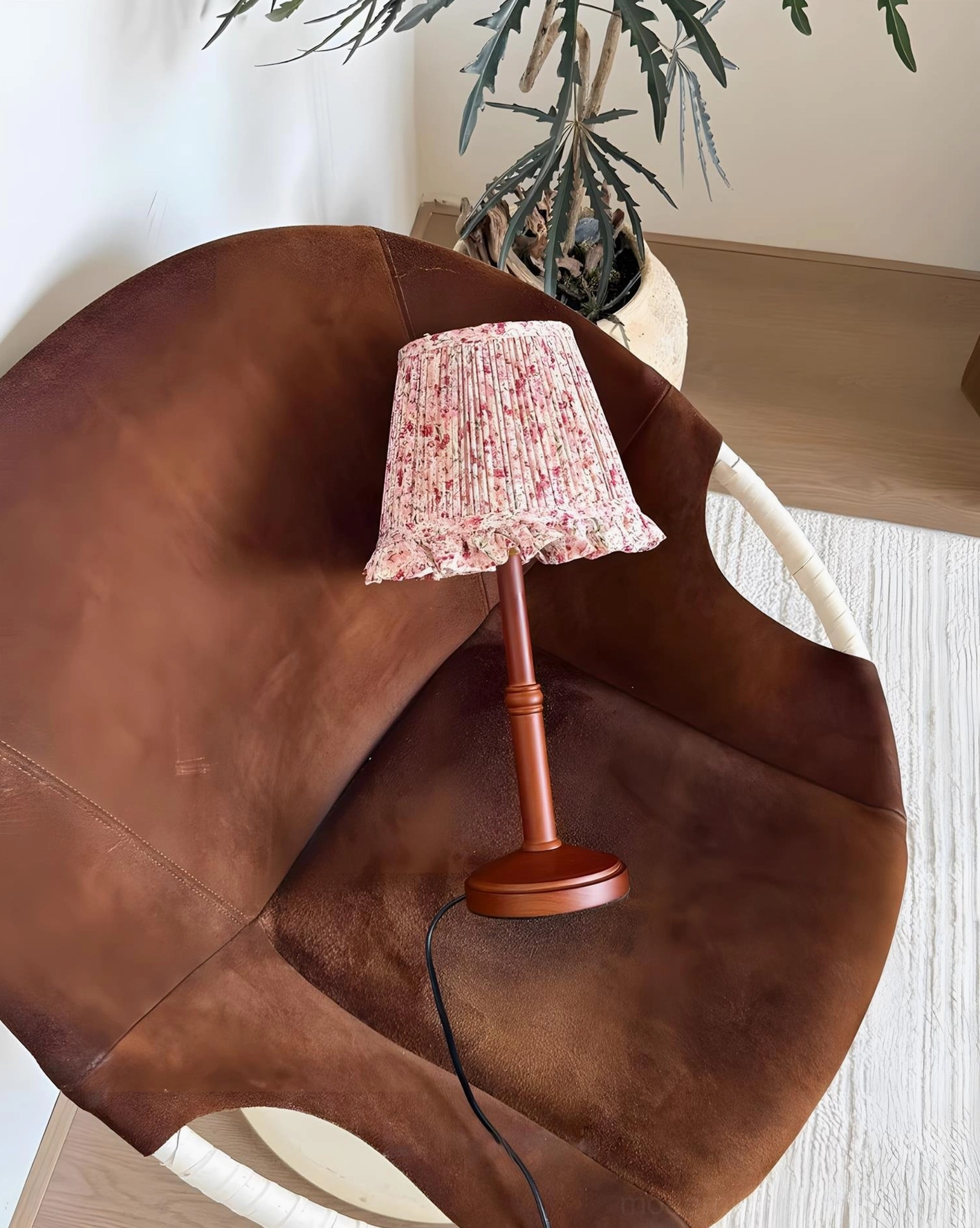 Cottage floral table lamp wooden base showing turned details and grain, base construction view