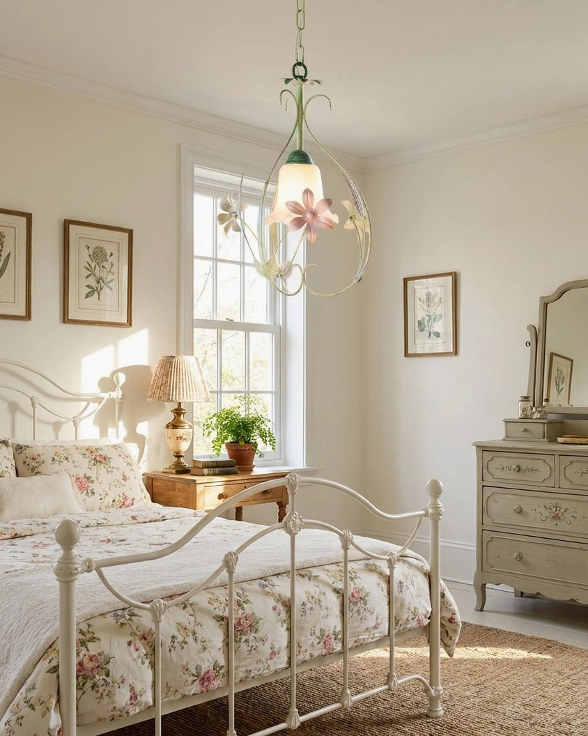 Cottage pendant light in shabby chic vintage bedroom matching floral bedding and romantic garden aesthetic decor