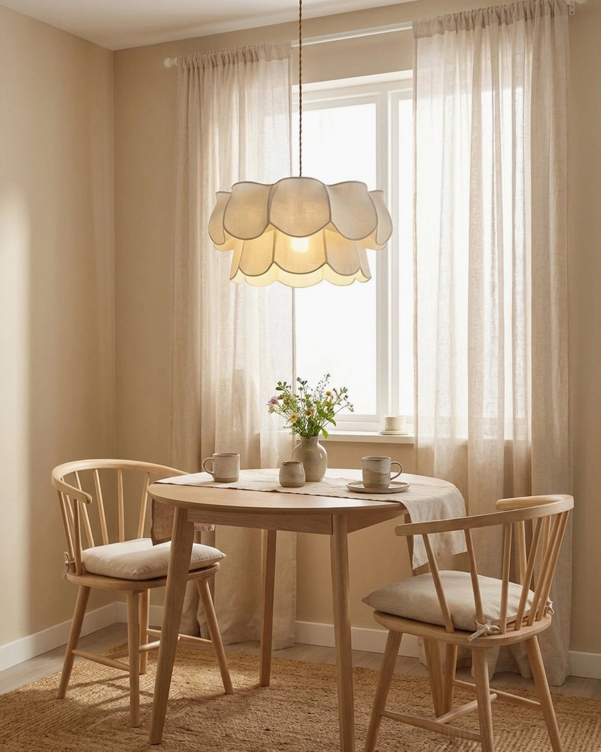Florvane cottage pendant light above dining table in Japandi neutral dining nook, wooden dining set by window, layered fabric petal shade creating soft ambient light