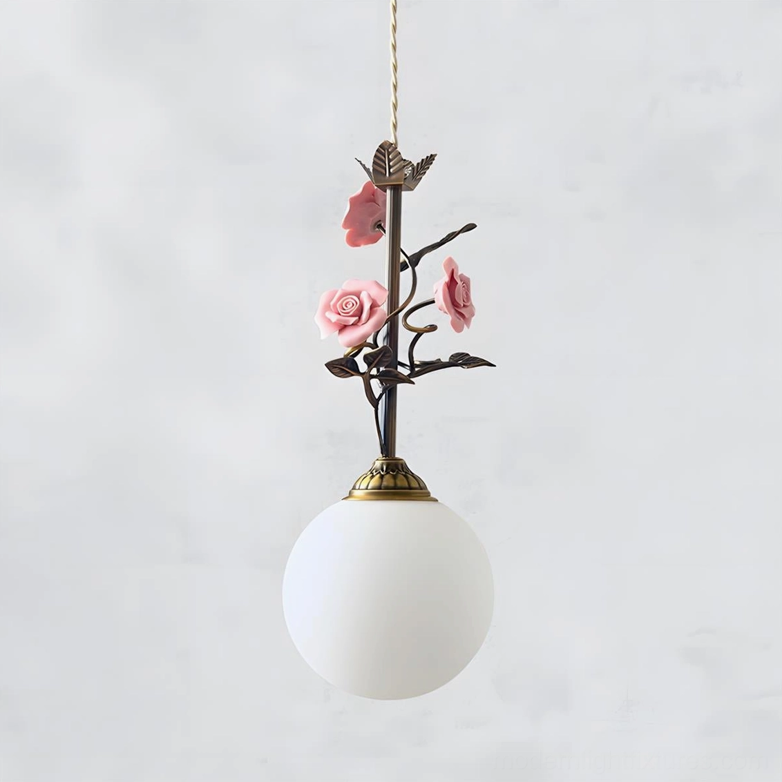 White floral pendant lamp in cottage-style interior, soft diffused lighting ambiance