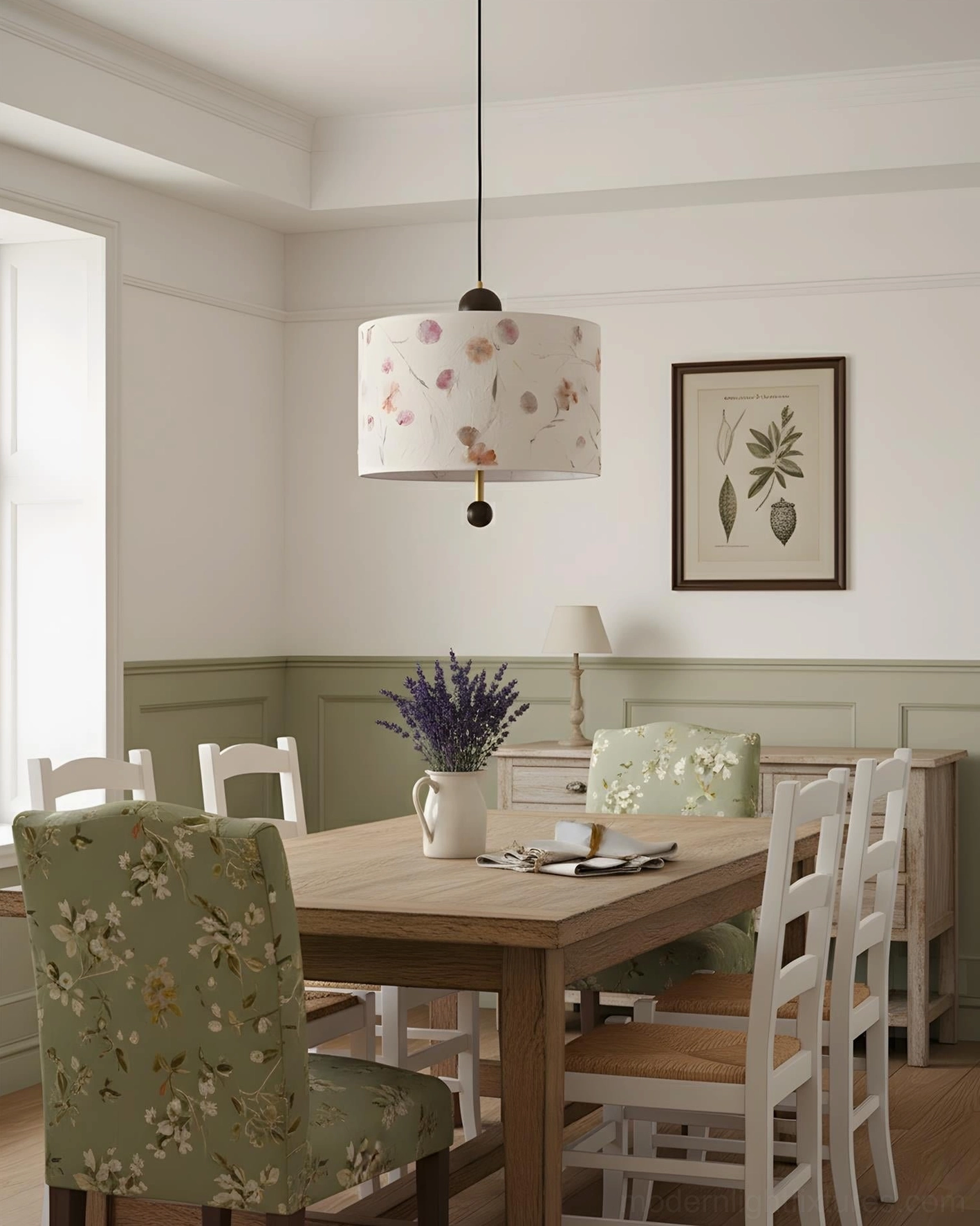 Petalune pendant light in cottage dining room with green wainscoting, floral upholstered chairs, and coordinating botanical wall artwork