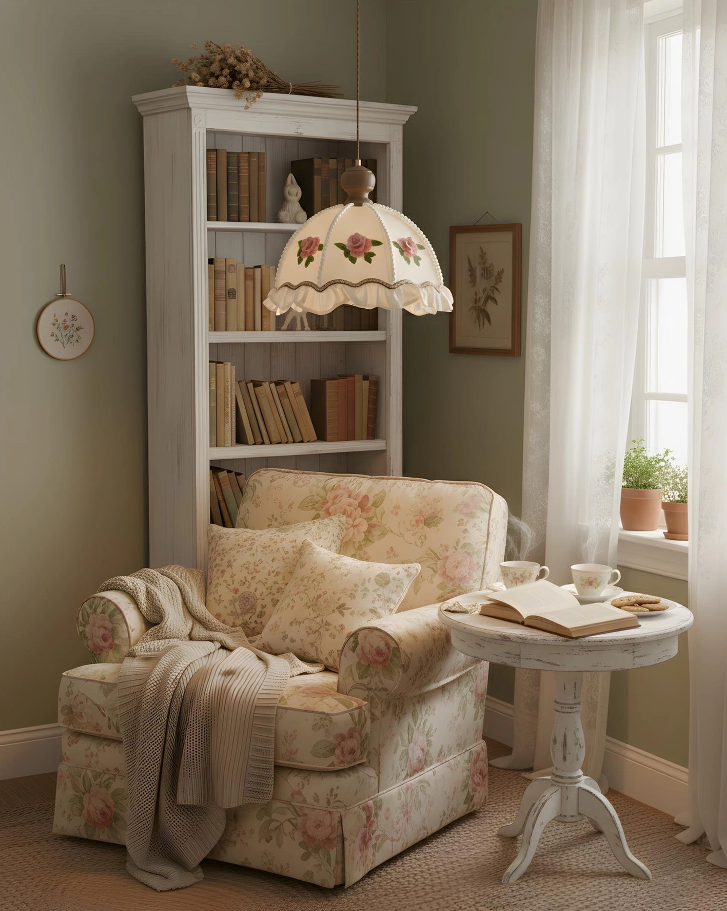 Cottage-style pendant lamp lighting cozy reading nook with bookshelf and vintage upholstered armchair