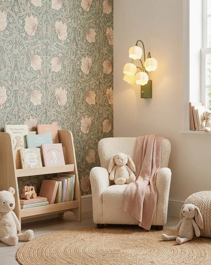 Cozy reading corner with floral wallpaper and bookshelf showcasing wireless wall sconce creating cottage-style ambient lighting