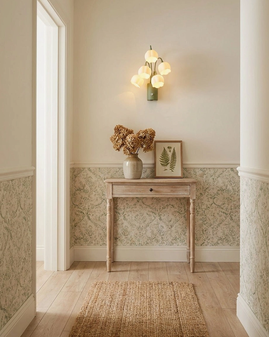 Vintage entryway interior with lily-of-the-valley wall sconce mounted above console table providing warm ambient lighting