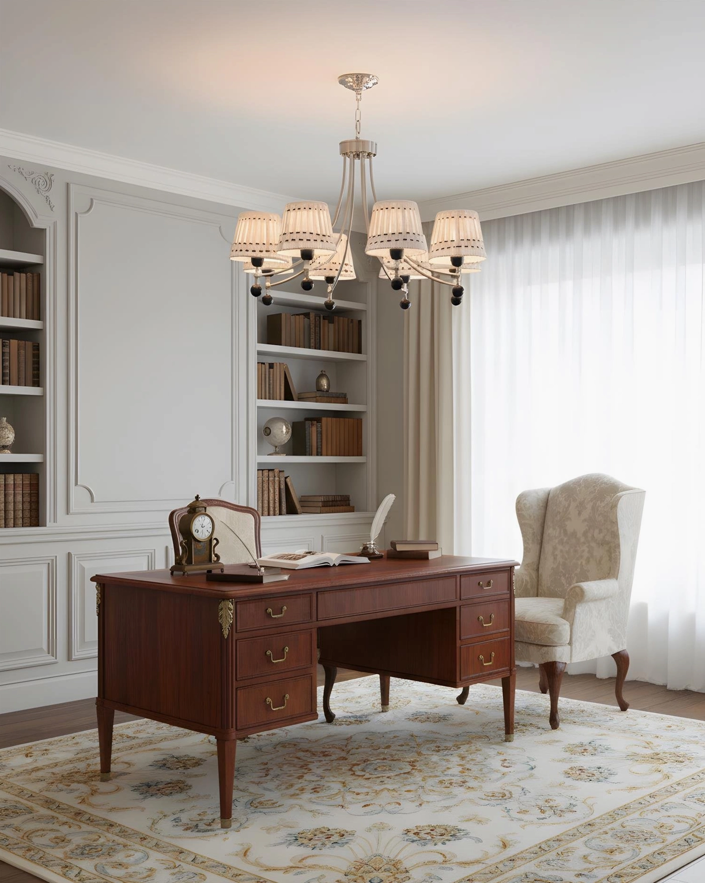 Cotton Fabric Chandelier in Warm Wood Home Office with Traditional Neoclassical Decor